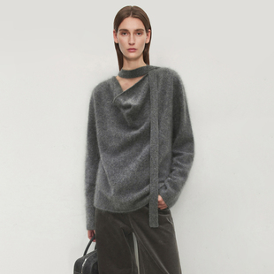 羊绒混纺高级感洋气随性垂荡领多穿造型飘带毛衣小众极简针织衫 女