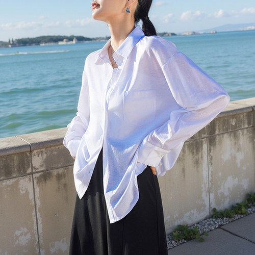 春夏法式桑蚕丝亚麻混纺女衬衫