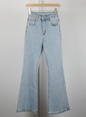 复古浅蓝色微喇叭裤2024年秋季新款显瘦长裤高腰弹力百搭牛仔裤女