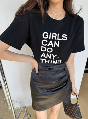 纯棉！自制款~girl字母印花短袖t恤衫女2025夏季黑白色上衣潮百搭