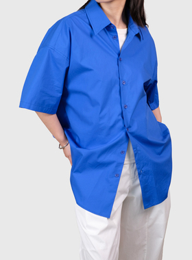 纯棉！克莱因蓝色显白！25夏季薄款多巴胺廓形宽松短袖衬衫上衣女