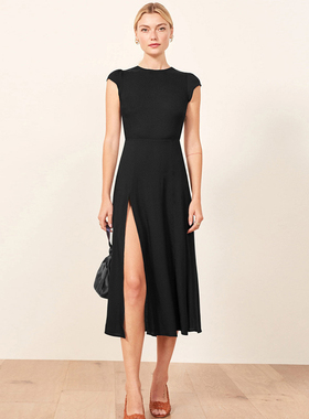 夏季新款~气质通勤圆领露开背中长款开叉收腰修身黑色连衣裙女