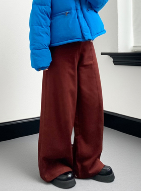 25秋冬安可拉红色复古时尚质百搭直筒裤宽松休闲拖地阔腿长裤子女