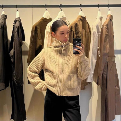 加厚立领宽松针织羊毛开衫