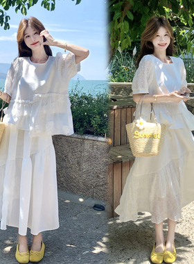 2D078-T2117-P195K308重工立体绣花拼接上衣+半裙2件套