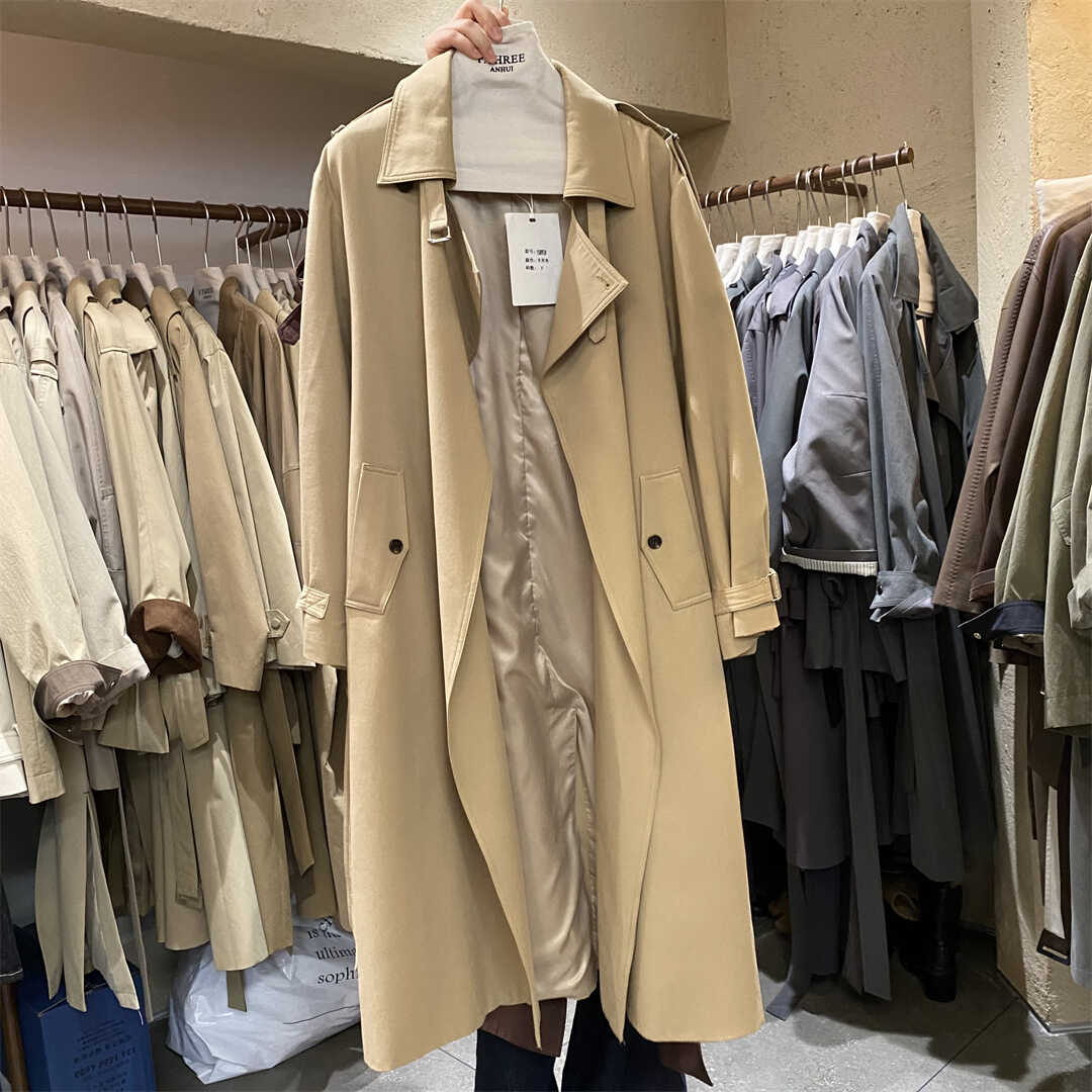 F.THREE15892秋季新款女风衣质过膝气质韩版绑带设计翻领长款外套