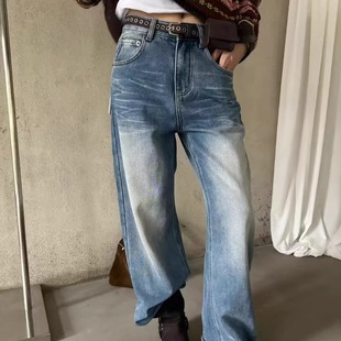 十三行GD9953秋冬新款加绒牛仔裤显瘦高腰窄版直筒裤配腰带女裤子