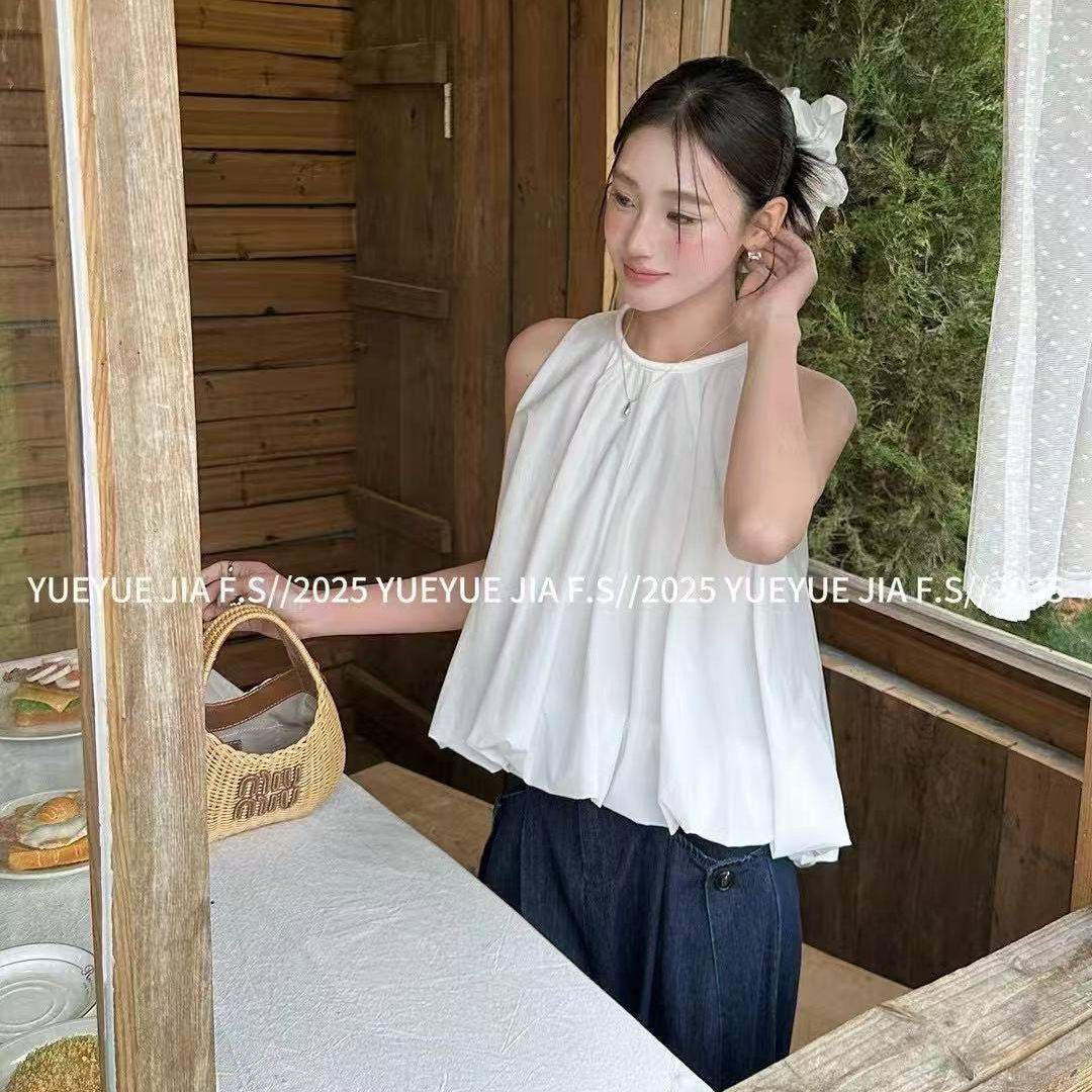 YUEYUE2025夏季新款女衬衣法式小众收腰显瘦A字蓬蓬无袖圆领上衣