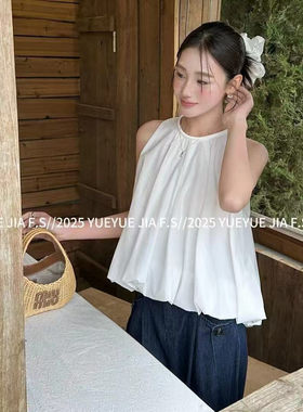 YUEYUE2025夏季新款女衬衣法式小众收腰显瘦A字蓬蓬无袖圆领上衣