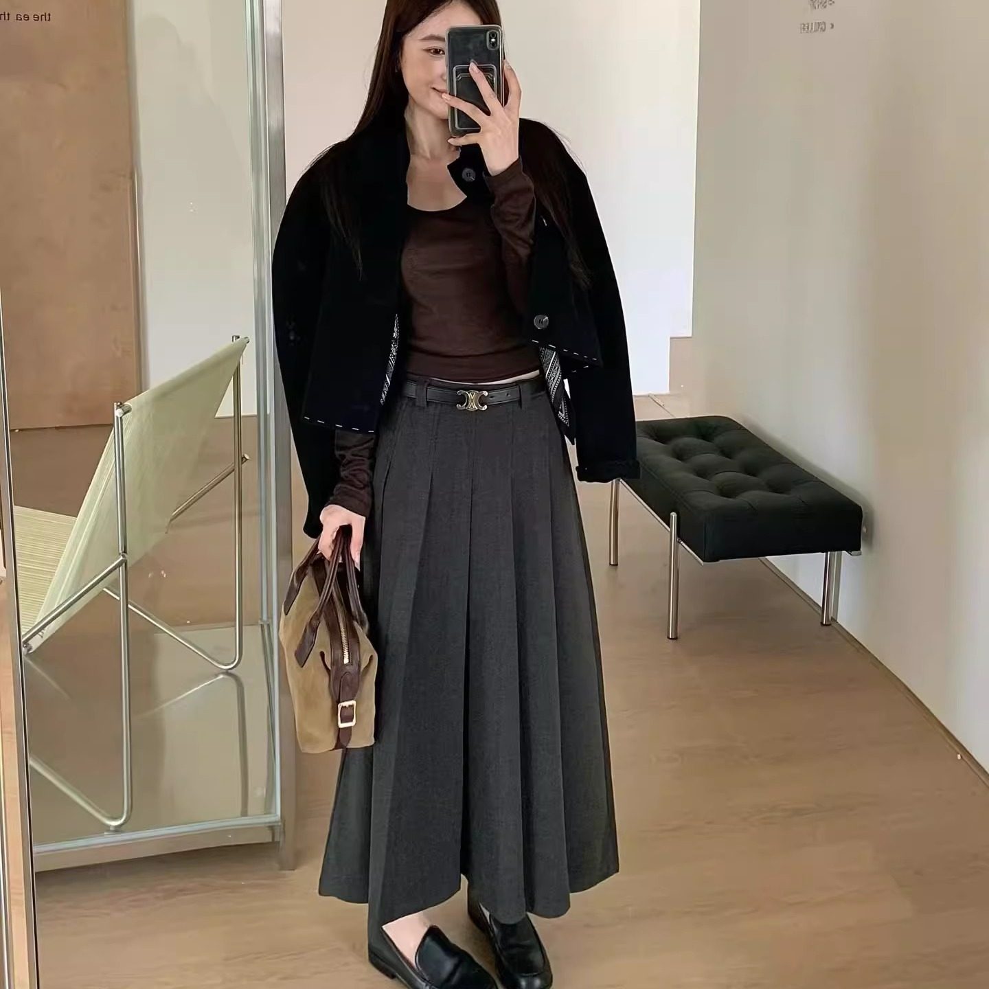 icoco爱可可362秋冬新款半身裙高腰显瘦中长款厚款呢料a字百褶裙