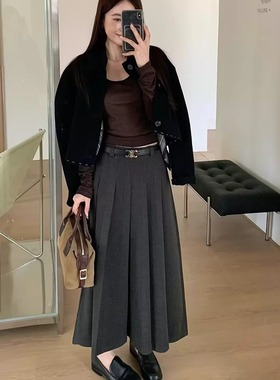 icoco爱可可362秋冬新款半身裙高腰显瘦中长款厚款呢料a字百褶裙