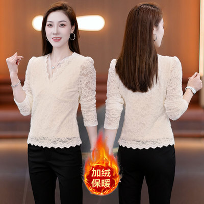 2025年秋季蕾丝保暖时尚V领加绒