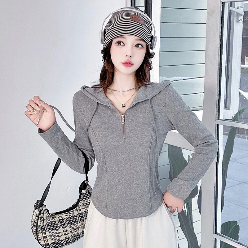 2024新款爆款修身内搭短款白色连帽卫衣女打底衫秋冬季薄长袖上衣