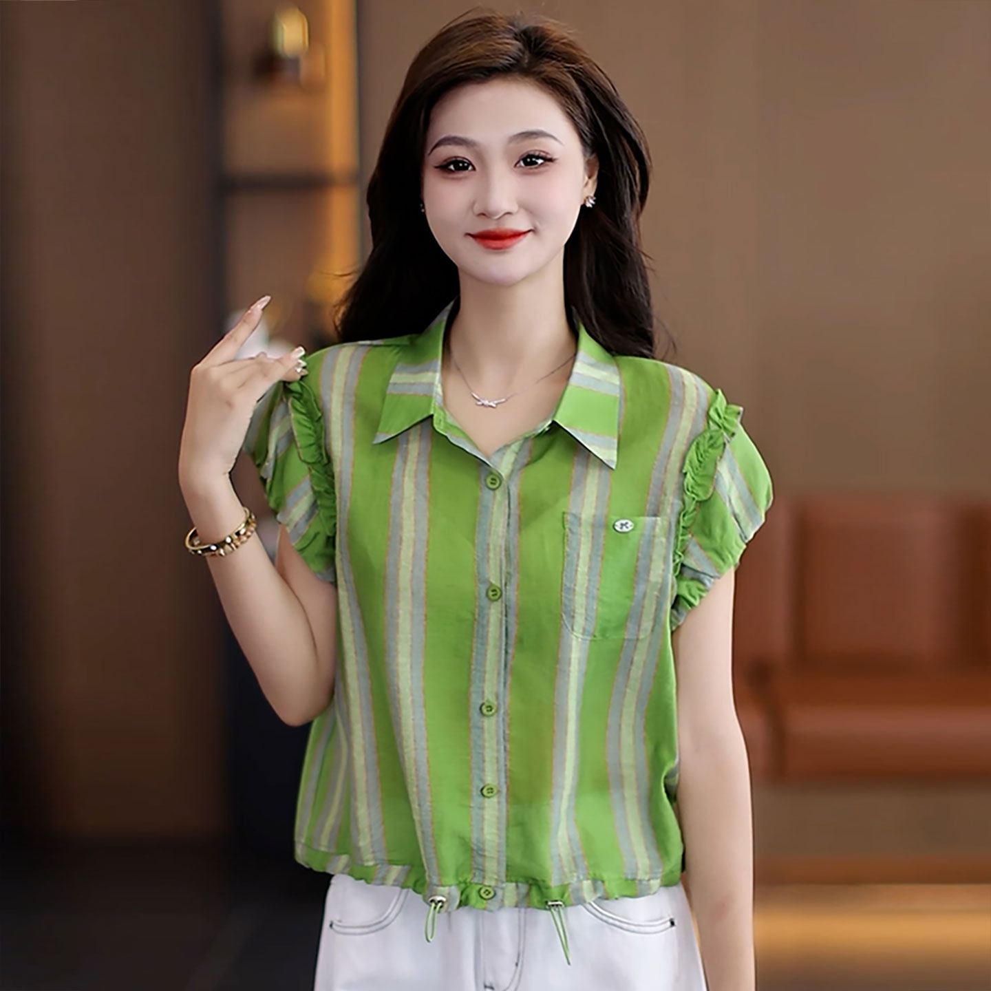 绿色竖条纹衬衫木耳边拼接衬衫女