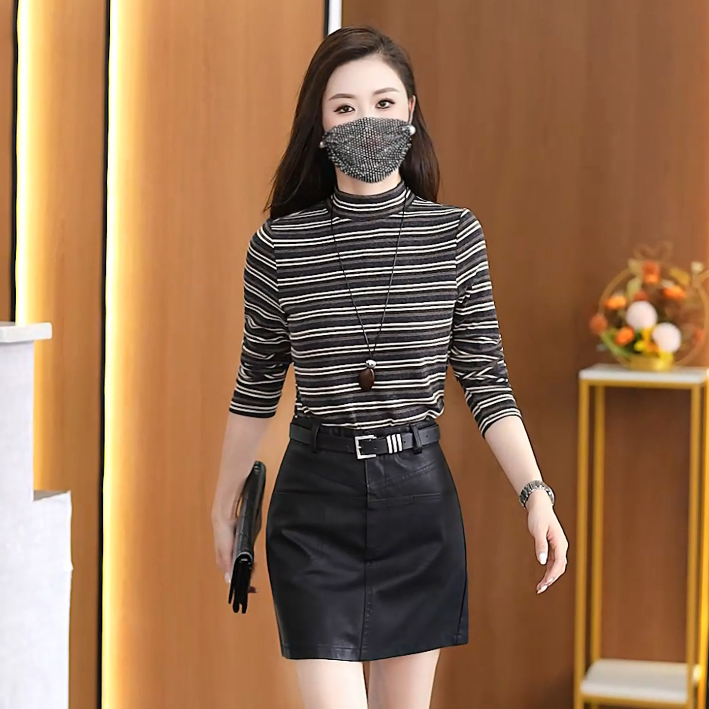德绒半高领百搭修身显瘦条纹打底衫女80斤穿到女士打底衫T恤衫