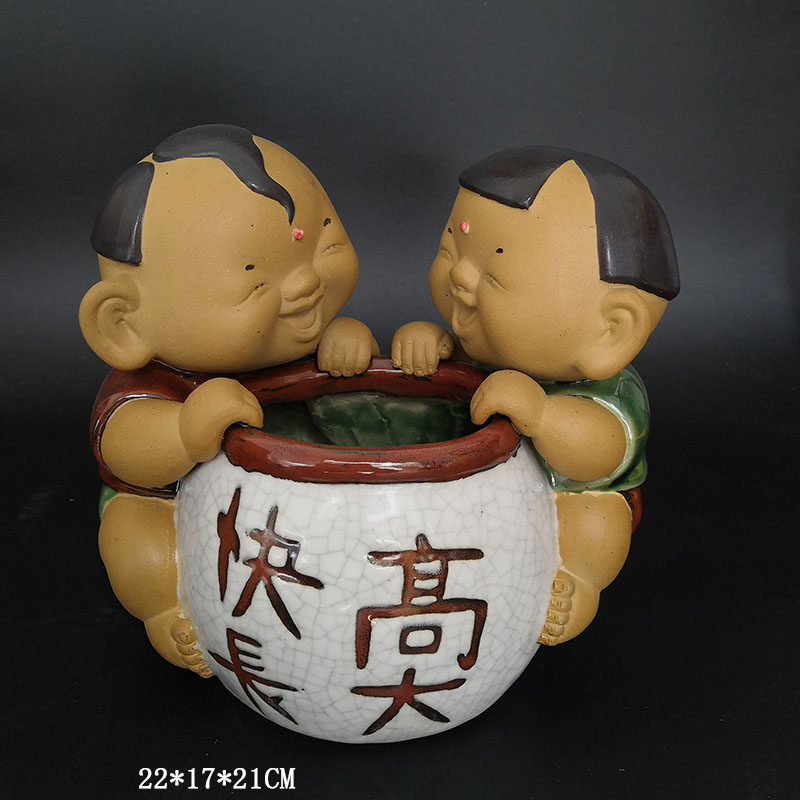 石湾公仔陶瓷快高长大童趣摆件儿童结婚礼品乔迁礼物电视客厅摆设