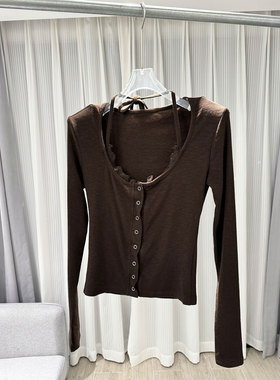 BBLY欧洲站小众美式辣妹风蕾丝拼接假两件上衣百搭显瘦长袖T恤女