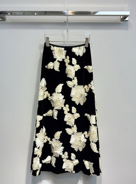 BBLY欧洲站小众立体大花朵丝绒半身裙时尚修身绣花气质A字裙伞裙