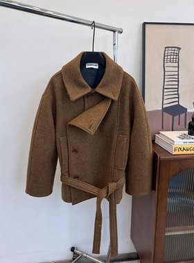 BBLY欧洲站小众DANNEE96南油翻领羊毛呢子大衣不对称束腰短款外套