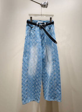 BBLY欧洲站小众HELMCH深圳南油提花工艺高腰裤子浅蓝色水洗牛仔裤