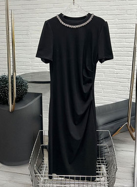 BBLY欧洲站小众南油圆领重工钉钻长裙赫本风法式减龄黑色连衣裙潮