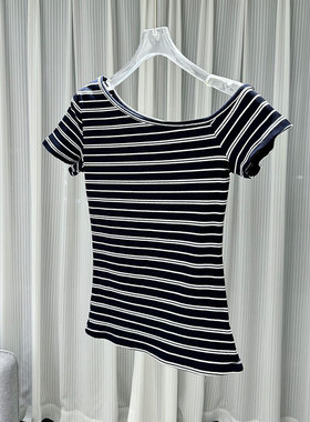 BBLY欧洲站小众英伦风斜肩修身百搭上衣设计感条纹露肩短袖T恤女