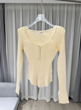 BBLY欧洲站小众羊毛百搭气质长袖上衣坑条U领半开襟喇叭袖针织衫