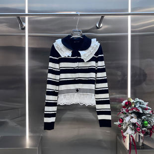 BBLY欧洲站小众千金风黑白撞色毛衣蕾丝花边娃娃领条纹针织开衫女