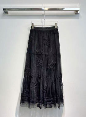 BBLY欧洲站小众立体刺绣网纱半身裙重工刺绣高腰显瘦百搭网纱长裙