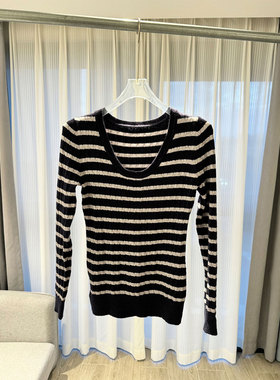 BBLY欧洲站小众甜美学院风撞色条纹上衣U型领修身显瘦麻花针织衫