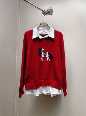 BBLY欧洲站小众HELMCH英伦风马年小马提花红色上衣拼接毛衣针织衫