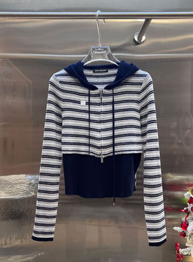 BBLY欧洲站小众南油高端长袖拉链收腰上衣抽绳条纹连帽针织毛衣女