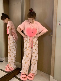 【清仓特价】小熊熊格子印花家居裤可爱少女懒人睡裤遛弯休闲阔腿