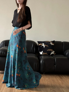 汉元素一片式裹裙 夏季绵绸清凉透气大裙摆印碎花半身裙子