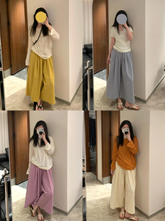 懒人快乐裤 水洗棉纯色八分运动百搭松紧腰宽松休闲阔腿裙裤子