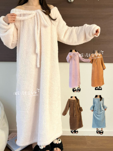 【少女心事】一字领系带高个子睡衣女睡裙冬季加厚家居服宽松保暖