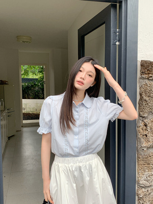 短袖棉翻领花边宽松单排扣