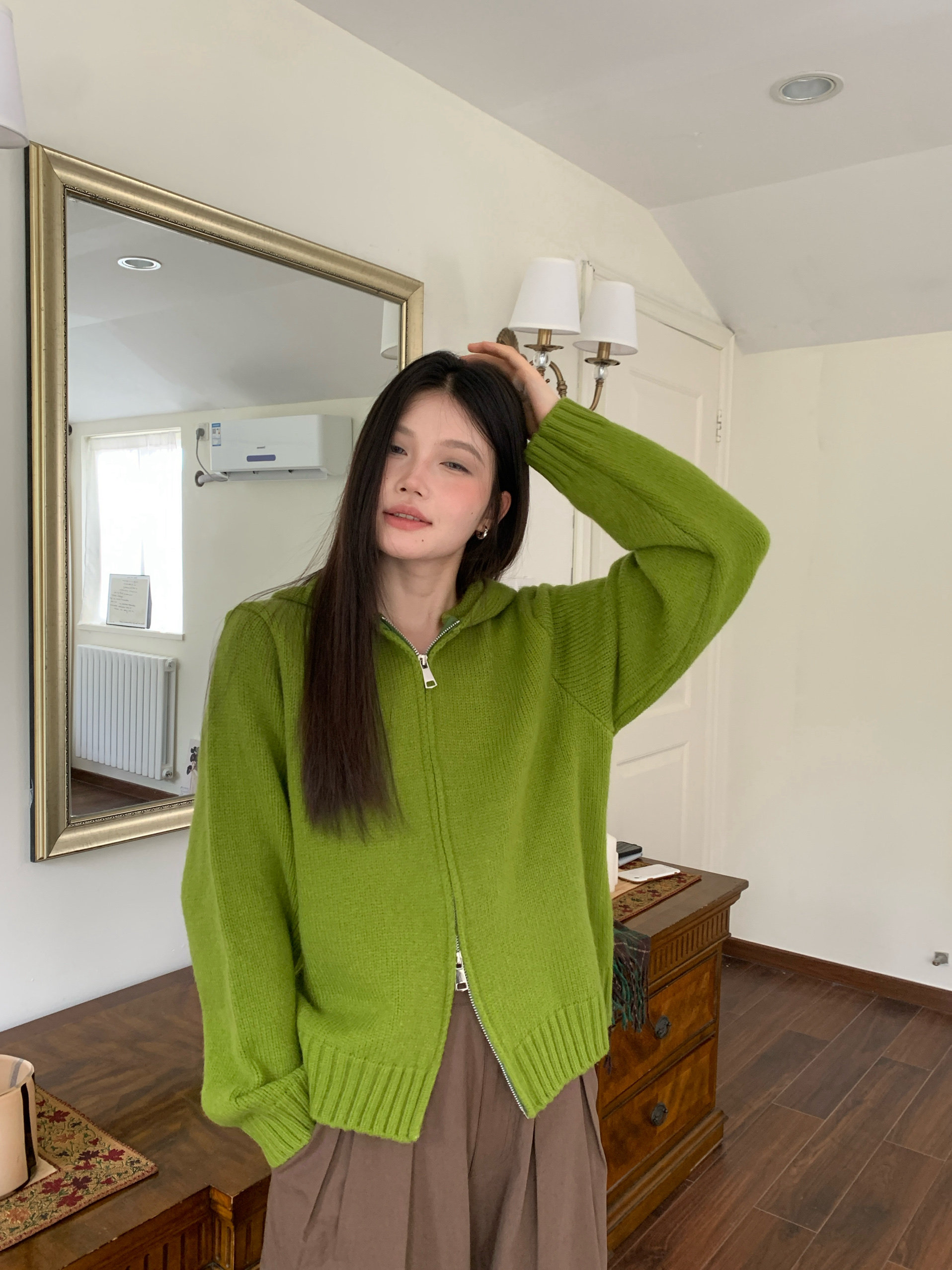 MOTOO自制韩版纯色连帽短双拉链毛衣外套女秋冬百搭针织开衫上衣