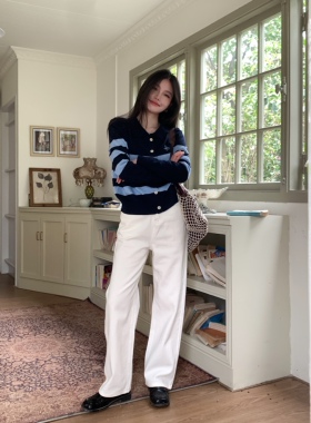 MOTOO自制牛仔直筒裤女白色高腰显瘦