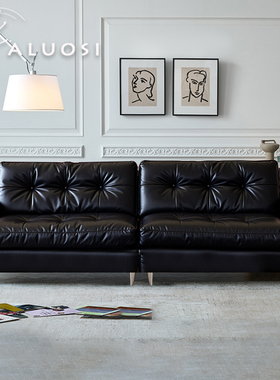 法式复古风真皮沙发客厅家用现代简约直排头层牛皮黑色羽绒沙发