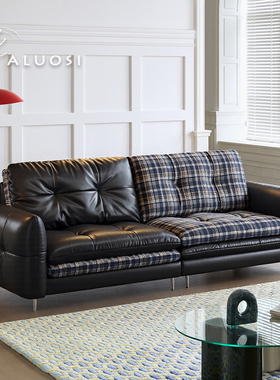 法式复古风中古布鲁克林汉堡真皮沙发头层牛皮现代极简直排三人位