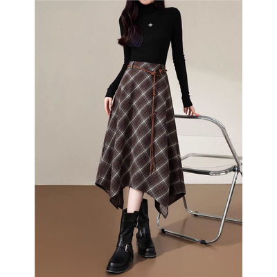 毛呢半身裙女秋冬新款高腰垂感时尚复古中长款A字不规则格子伞裙