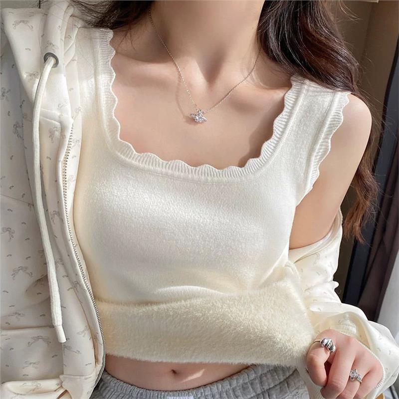 秋冬季加绒打底背心女2025新款内搭花边针织白色吊带加厚保暖上衣