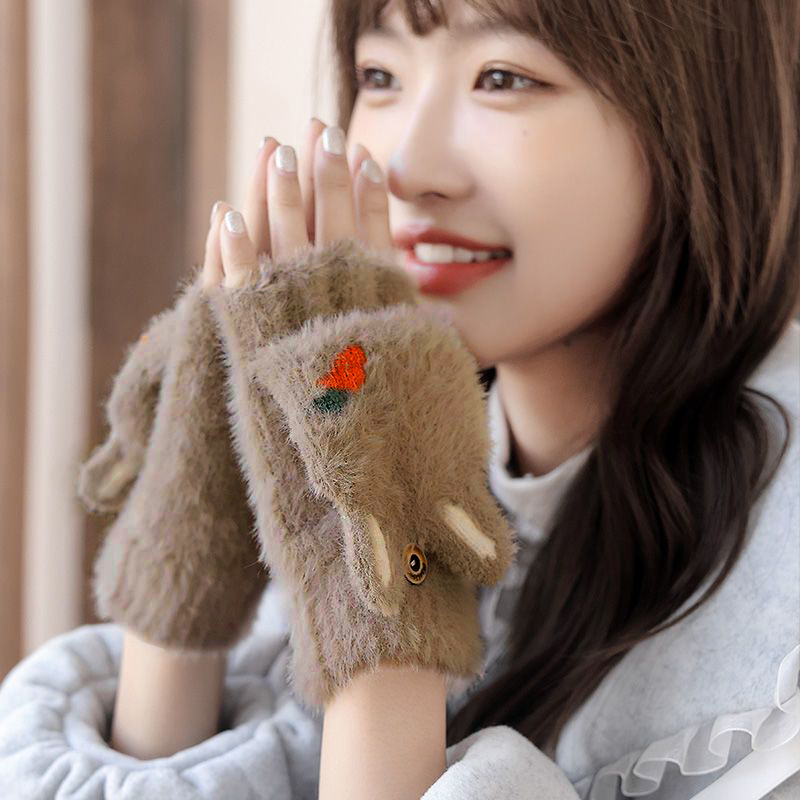 手套女冬季加绒加厚保暖韩版可爱女学生半指翻盖写字骑车防寒手套