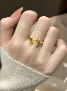 中古金色拉丝蝴蝶戒指女