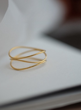 法式三层极细线条交织小众设计钛钢14K包金食指戒指女叠戴天花板