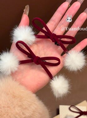 秋冬毛球红色蝴蝶结发夹2026新款甜美少女风前额刘海侧边夹头饰
