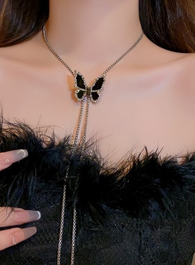 黑色蝴蝶毛衣链大气高档长款高级感项链女2024新款轻奢锁骨链颈链