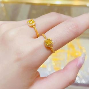 18k黄金小方糖戒指女小众镶嵌黄钻手饰轻奢气质公主方莫桑石钻戒