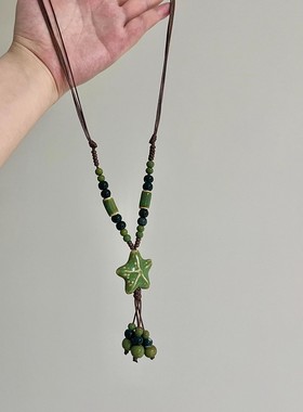 古着森林绿星星流苏项链女